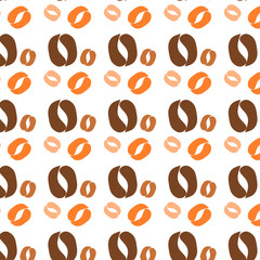 Colorful Coffee Bean Seamless Pattern. Seamless vector pattern of coffee beans in brown, orange, and beige tones. Suitable for backgrounds, packaging, textile prints, and coffee-related branding.
