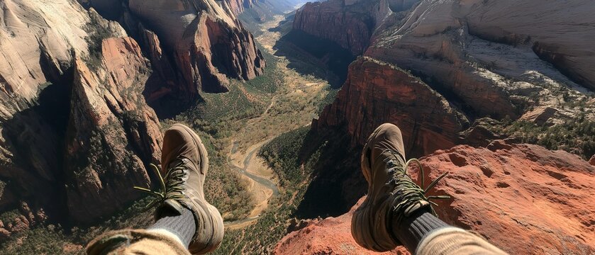 Hiker's footwear suspended over Zion National Park cliff edge, aerial view of rugged red rock canyon terrain for adventure travel blogs and tourism marketing.