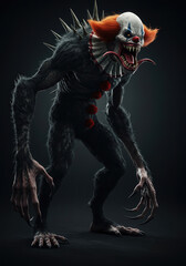 Evil looking monster clown on dark background