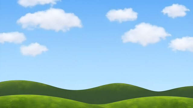 Green hills stretch under a bright blue sky filled with fluffy white clouds.