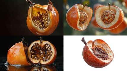 Four close-up views of halved, dried fruit