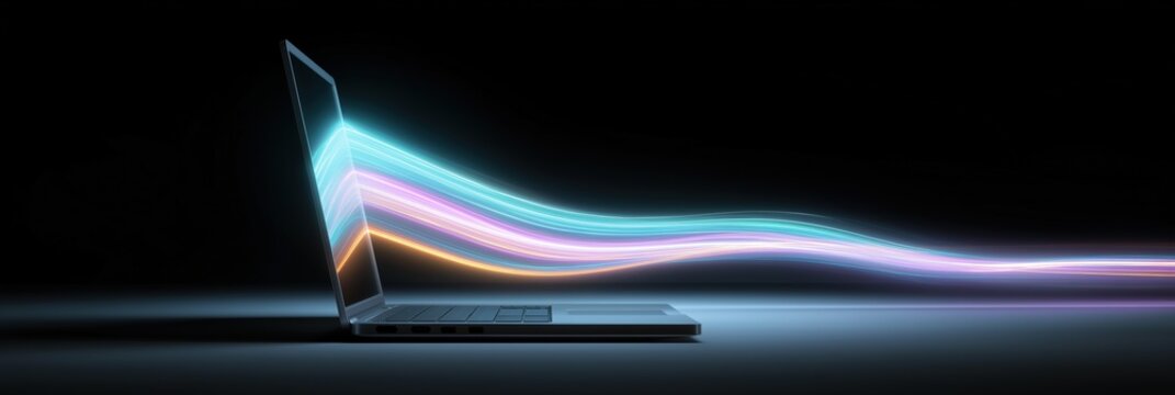 Dynamic light trails emanating from laptop on black background