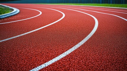 Detailed view of curve in a competition track, with crisp lane lines creating geometric flow against red rubber.
