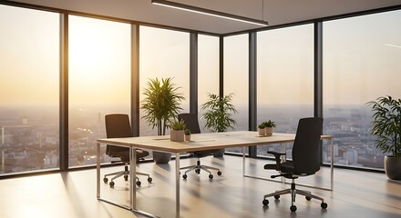 Modern Office Space with Panoramic City Views Minimalist Design and a Warm Natural Light Filling the Room Creating an Inviting Ambience