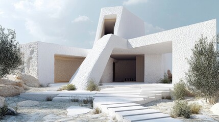 Modern Minimalist White Architecture in Desert Landscape
