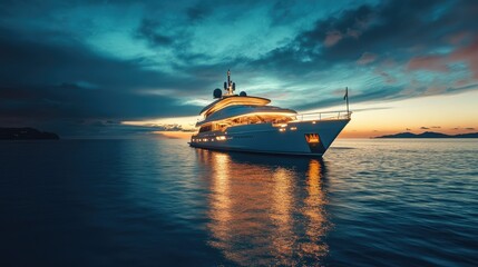 Fototapeta premium Evening shot of a luxury yacht illuminated by soft lights, gently rocking on calm ocean waters beneath a twilight sky.