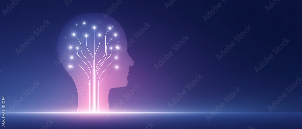 Poster a glowing human head silhouette with neural network patterns symbolizes artificial intelligence and 
