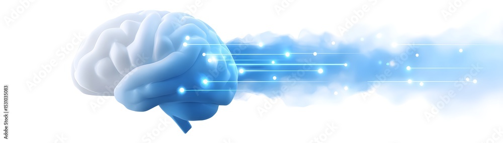 Poster a digital illustration of a brain emitting glowing data streams, symbolizing fast information flow a