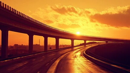 Obraz premium Expansive view of a highway overpass in silhouette with sunset reflections on the road and sky aglow in warm tones.