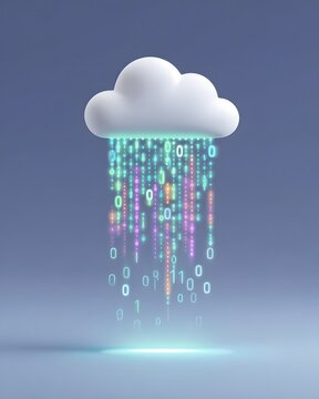 A 3D cloud icon with colorful binary code raining down, symbolizing cloud computing and data transfer in a digital environment.