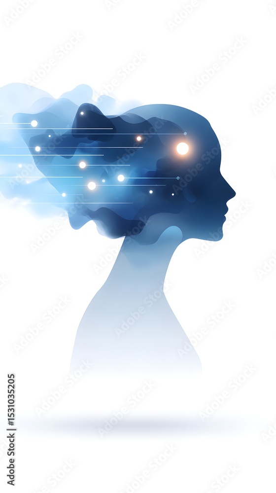 Poster a digital illustration of a human profile with abstract glowing nodes and lines, symbolizing neural 