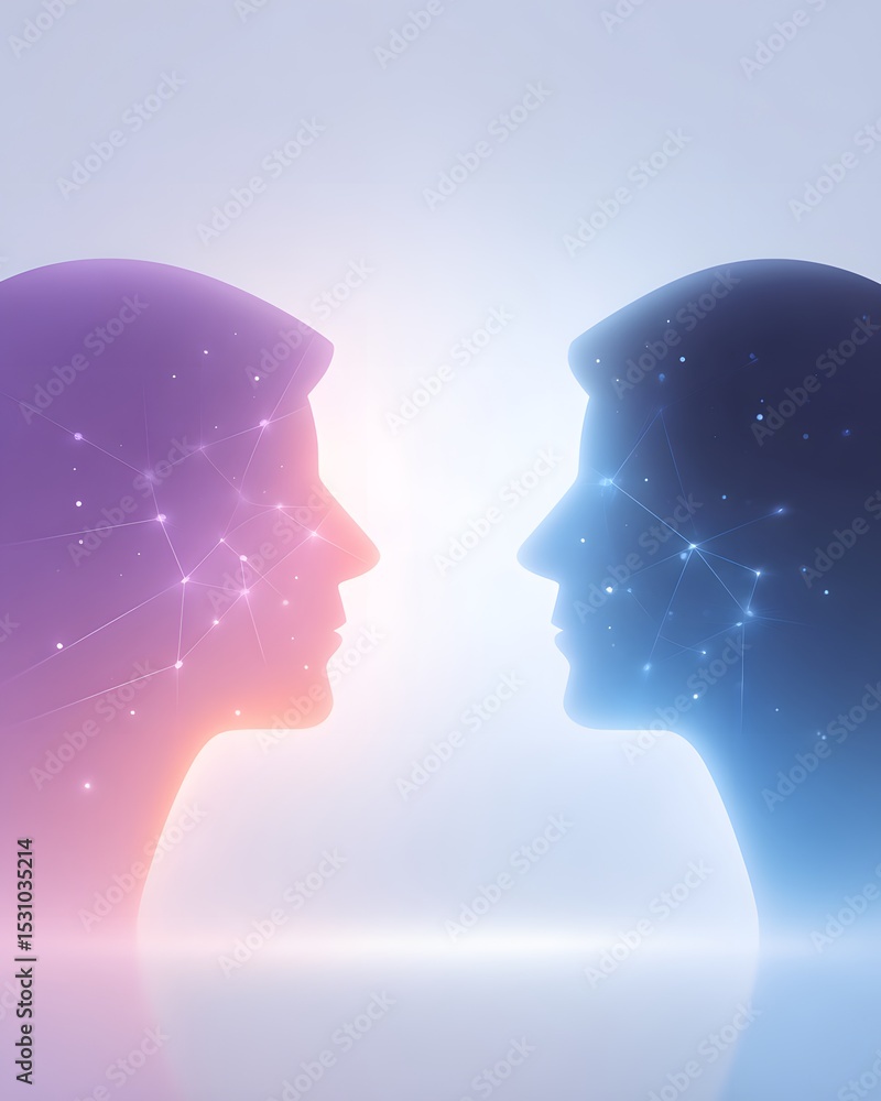 Poster two abstract human profiles facing each other, glowing in purple and blue with interconnected digita