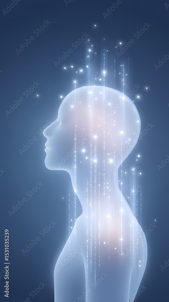 Poster silhouette of a human head and upper body with glowing digital lights and data streams representing 
