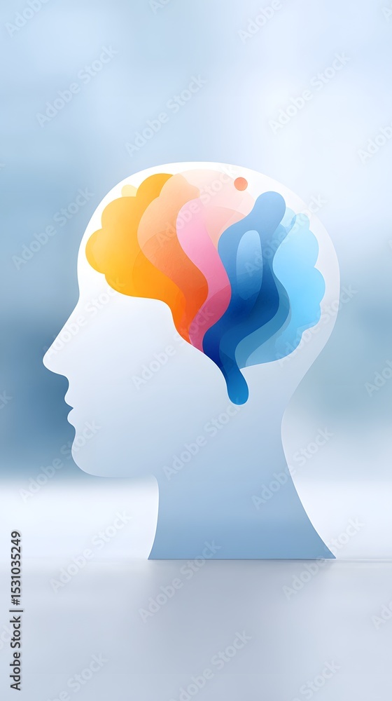 Poster silhouette of a human head with colorful abstract shapes inside, symbolizing brain activity or cogni