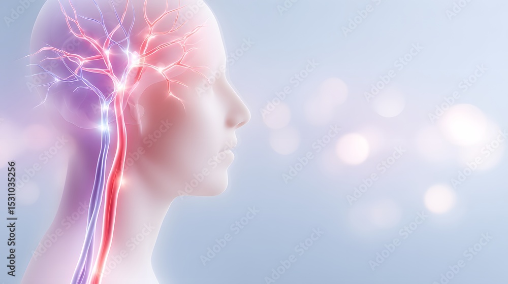 Poster a digital illustration showing a human head with highlighted neural pathways and brain activity in a