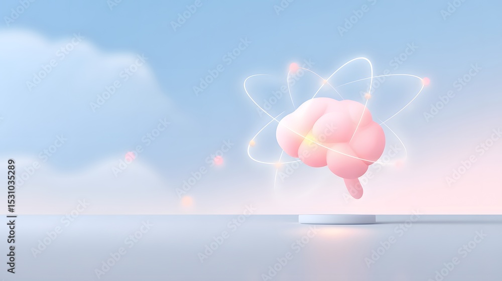 Poster a stylized pink brain with orbiting glowing particles floats above a surface against a soft sky back