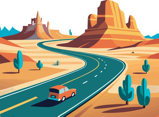 Illustrations depicting vintage cars driving on winding desert roads amidst striking rock formations and cacti, rendered in a flat, stylized aesthetic