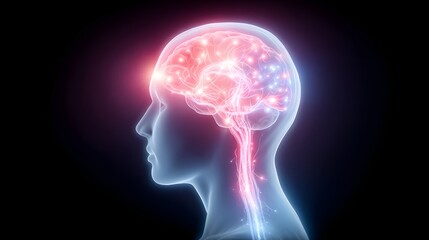 Obraz premium A glowing digital illustration of a human head highlighting the brain and nervous system in vibrant colors, symbolizing neural activity and brain function.
