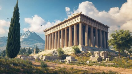 Ancient Greek Temple amidst Scenic Landscape
