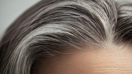 Naklejka premium Front hairline with graying strands emerging, showing the transition from natural color to gray.