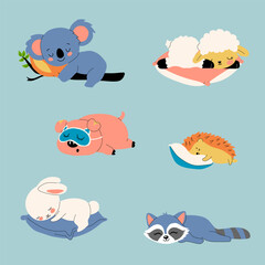 Sleepy Animal Characters Ready for Bed in Cozy Cartoon Style