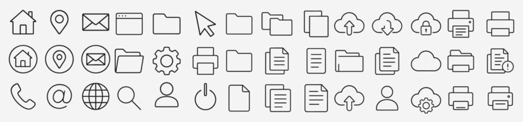 Essential interface icons – minimal line set for web, cloud, and system tools