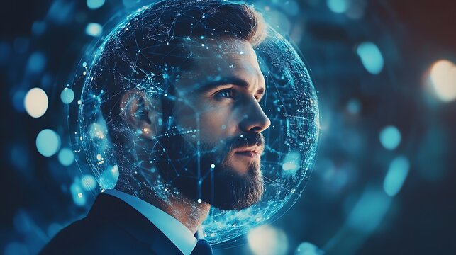Man with Digital Sphere: Future Technology Concept