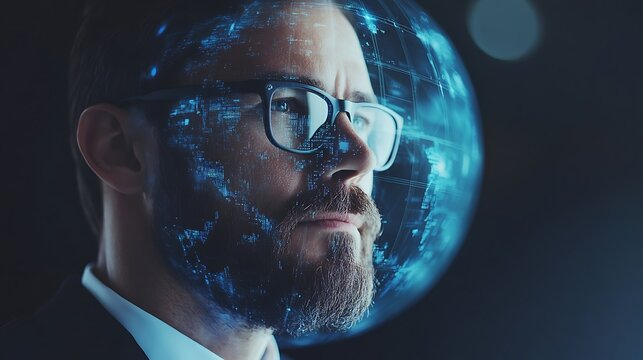 Global Vision: Man with Digital Earth Overlay