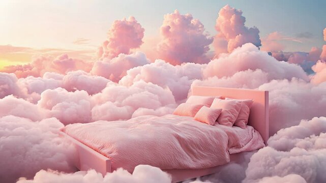 Cozy pink bed surrounded by clouds floating in sky, comfortable sleeping and dreaming bedtime relaxing rest
