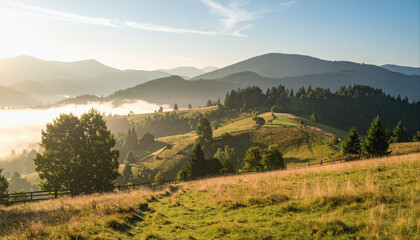 Obraz premium Serene landscape featuring a mountain with soft morning pastel light and gentle mist rolling over the hillside