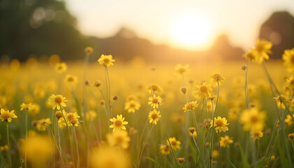 Yellow wildflowers blooming in a cheerful mood under the sunset in a grassy field