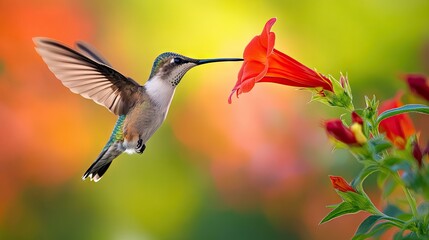 Fototapeta premium Hummingbird flying beside a red trumpet-shaped flower, its beak reaching toward the nectar, with a blurred garden backdrop.