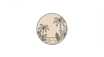 Tropical Coastline: Minimalist Palm Trees & Water in Circle.