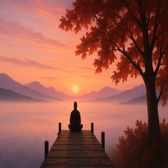 Serene sunrise meditation on a misty lake