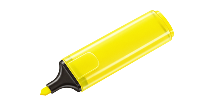 Yellow highlighter marker pen for highlighting text and notes in office school and art supplies concept on transparent background