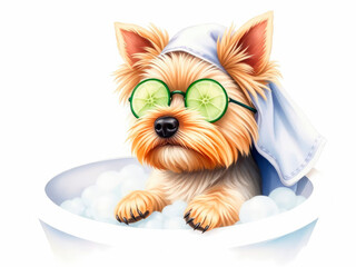 A charming Yorkshire Terrier hides in a bathtub filled with fluffy bubbles, with only its adorable ears peeking out from under a towel.