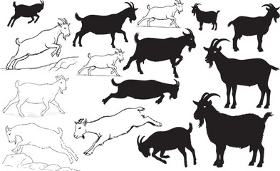 Goat Silhouettes – Solid Black & Outline Vector Set