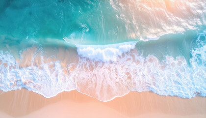 Soft pastel waves gently rolling on the shore in a serene oceanic scene with an ethereal atmosphere and warm light