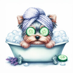 A charming Yorkshire Terrier hides in a bathtub filled with fluffy bubbles, with only its adorable ears peeking out from under a towel.
