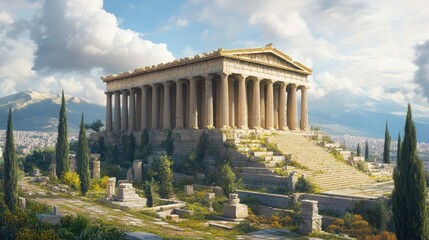 Ancient Greek Temple on a Hilltop Overlooking a City