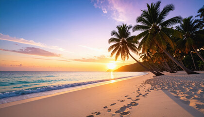 Fototapeta premium Vibrant pastel tropical sunset with palm silhouettes against a painted sky creating a serene and calm mood