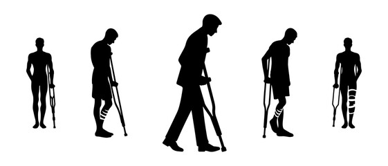 Male Physically Disabled Patient With Crutcher Silhouette Black Filled - Vector Illustration Icon.
