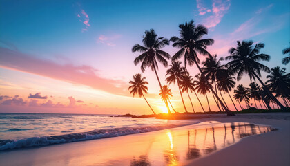 Vibrant pastel tropical sunset with palm silhouettes against a painted sky creating a serene and calm mood