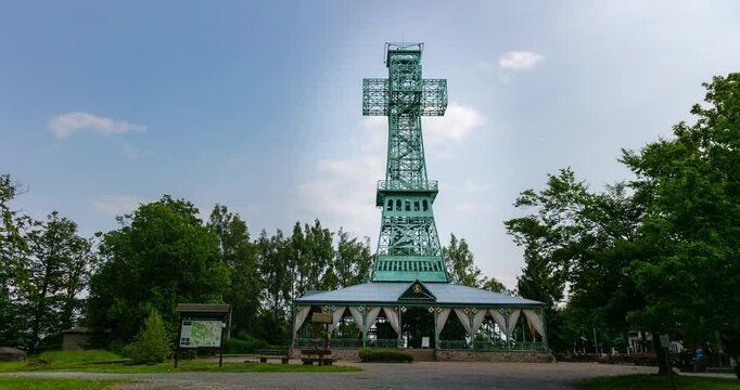 Stolberg, Germany &ndash; June 11, 2025 : Historic Joseph Cross (Josephskreuz or Joseph Kreuz), an iron lattice observation tower in the shape of a double cross, located on Auerberg in the Harz Mountains