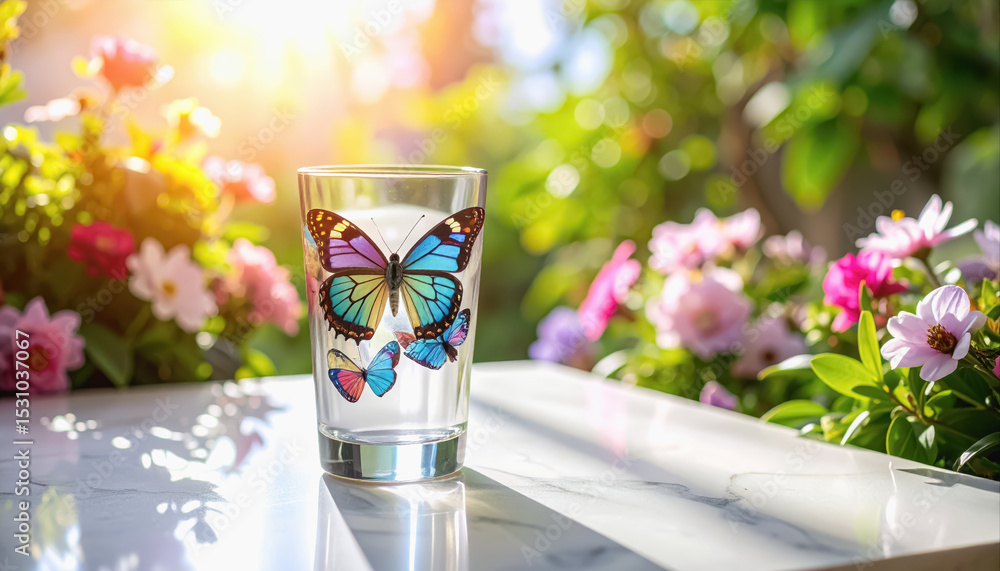 Poster colorful butterfly design tumbler on a marble table with sunlight sparkling and soft shadows creatin