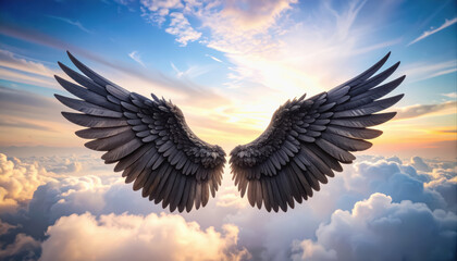 Naklejka premium Delicate pastel angel wings spread wide in the sky creating an ethereal glow with a serene and soft diffused atmosphere