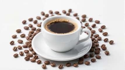 A white cup of coffee with roasted beans around