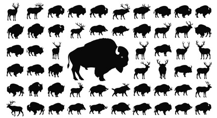 An Illustration Featuring a Collection of Wild Mammals Buffalo Moose Deer Boar and Elk