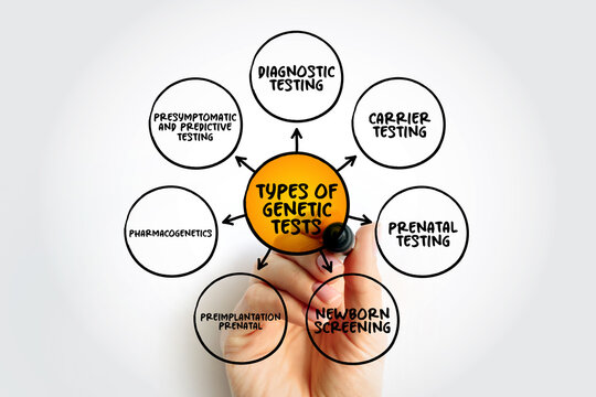 Types of genetic tests mind map text concept for presentations and reports