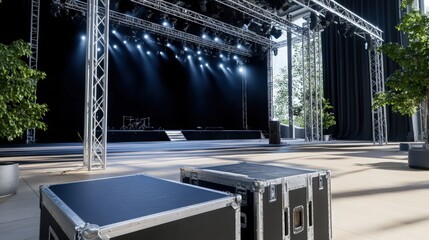 Concert venue stage construction with metal truss beams and flight cases scattered around. 